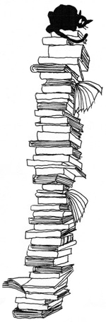 <p>Pile of books with a black cat.</p>

